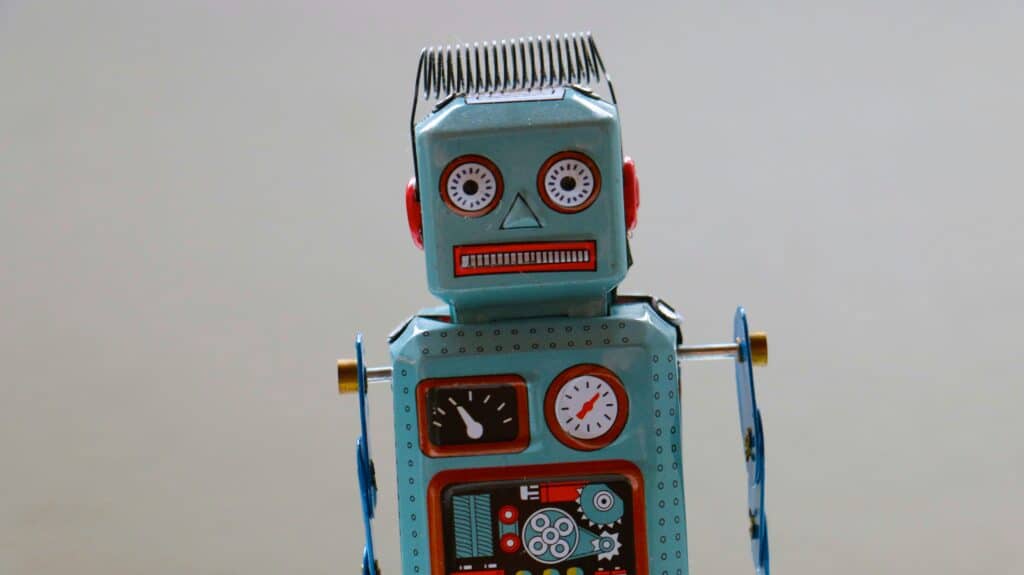 Toy robot looking confused.