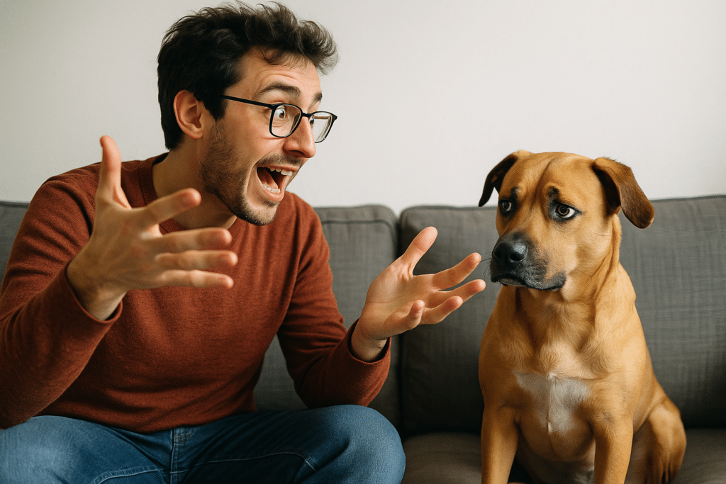 a man explaining something enthusiastically to a confused-looking dog